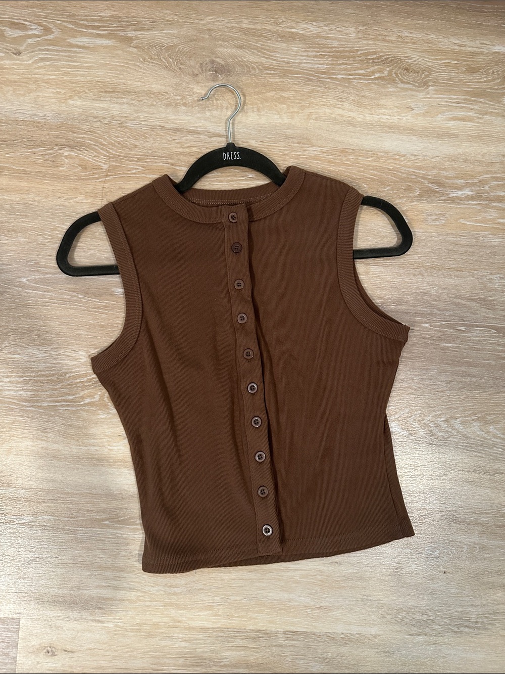 Brown Sleeveless Ribbed Button-Front Top